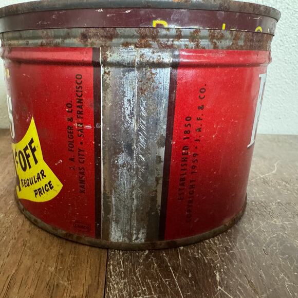 Vintage 1959 Folgers 4 Cents off Coffee‎ Can Tin Metal Short Advertising Decor - Picture 4 of 9